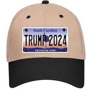 Trump 2024 South Carolina Metal on Trucker Mesh Snapback - Khaki